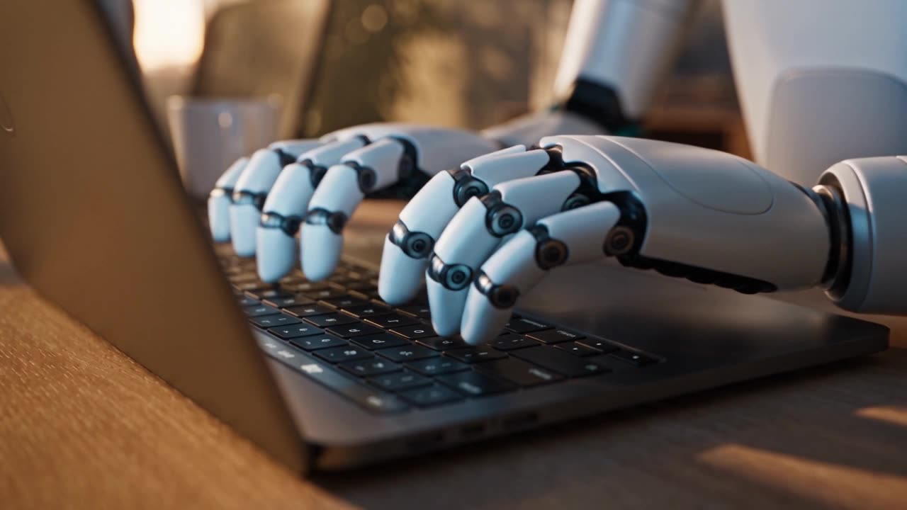 Roboți lucrând într-un birou, sigla nutrasoft pe perete